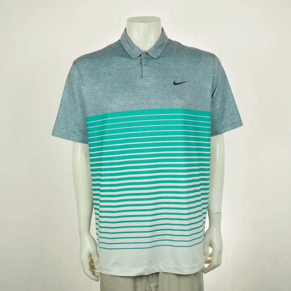 Tiger Woods Collection TW Nike Golf Polo Shirt Mens Large Blue Striped Snap Tech